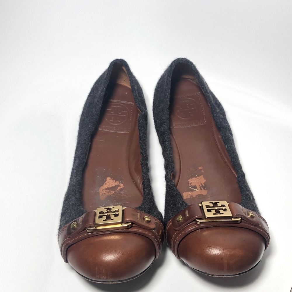 Tory Burch Wool and Leather Cap Toe Gathered Flats